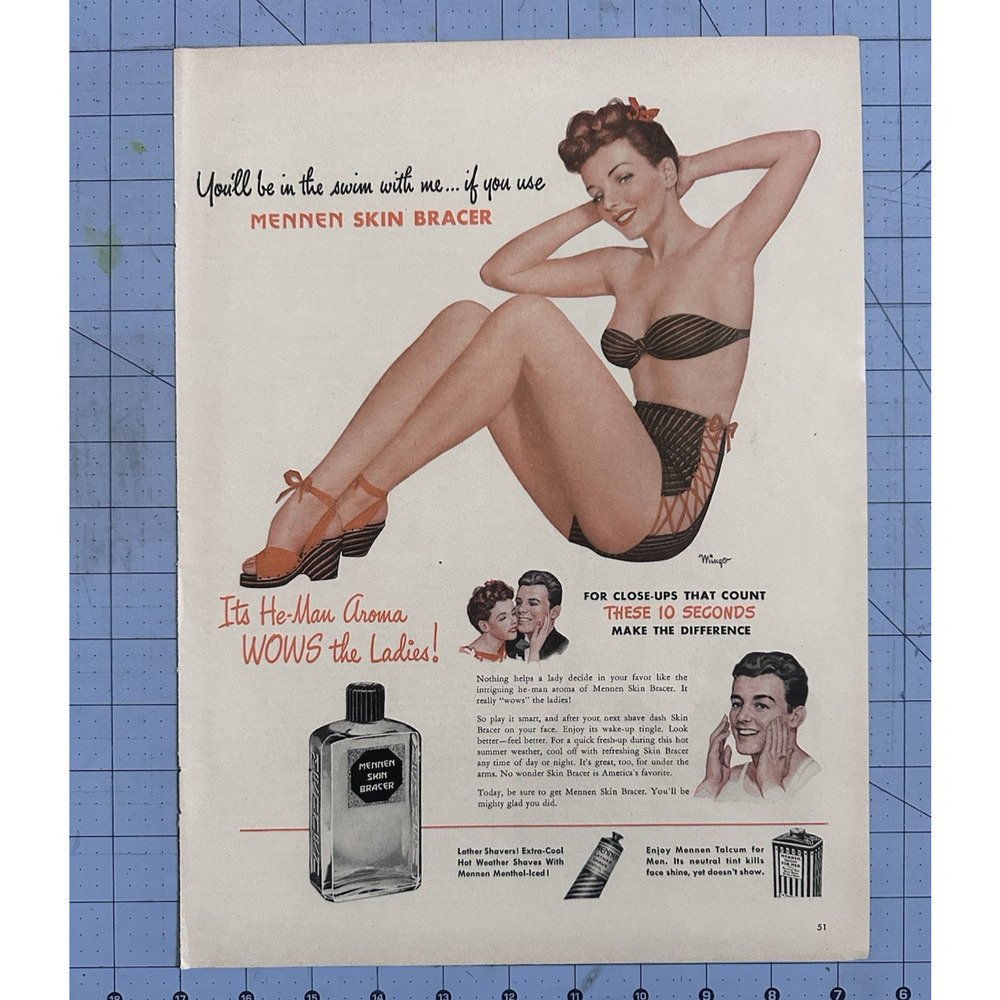 1946 Mennen Skin Bracer Sexy Woman in Swimsuit After Shave Vintage Print Ad